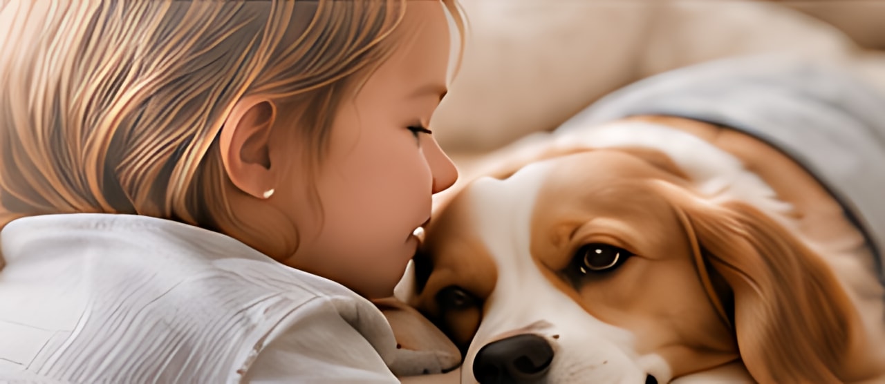 A little girl resting her head against a dog