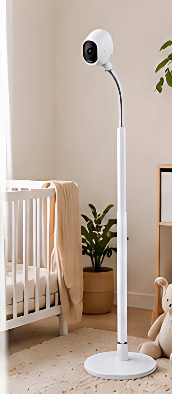 The Goozie floor stand holding a baby monitor in a nursery