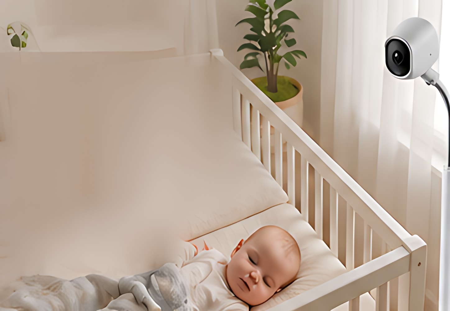 A baby sleeping in a cot with the monitor stand beside it