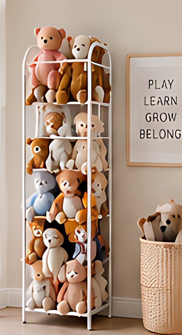 Goozie metal stuffed animal storage filled with plush toys