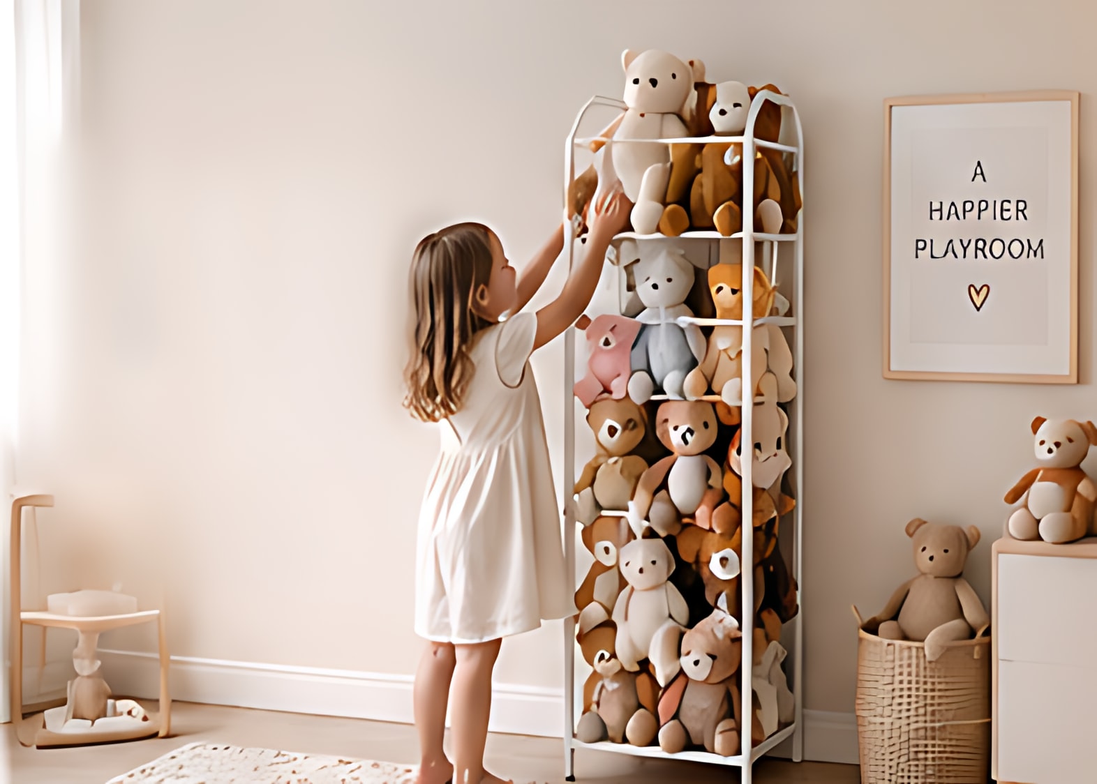 A little girl reaching for a plush toy on the Goozie storage rack